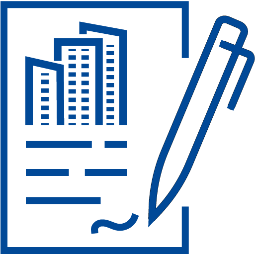Icona stilizzata di un edificio con documento e segno di spunta, su sfondo blu chiaro; rappresenta gestione e conformità dei contratti immobiliari.