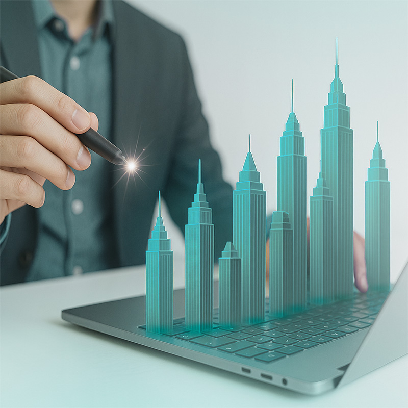 Superposition of two human figures (one male and one female), side by side and blurred, with a transparency effect. In the background, a modern urban environment with skyscrapers, blurred. The overall atmosphere evokes corporate vision and mission in a professional context.