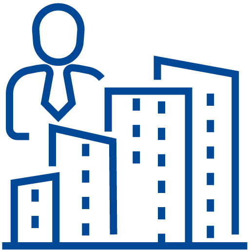 Icona stilizzata di un edificio con un documento, su sfondo celeste chiaro; rappresenta la gestione e la documentazione dei contratti immobiliari.