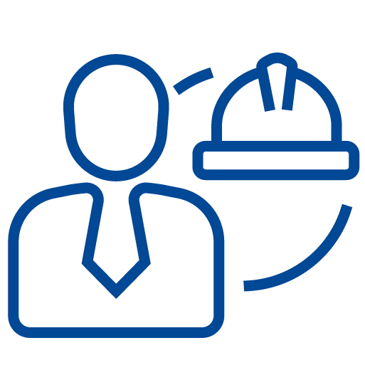 Icona stilizzata di un casco protettivo con un cuore, su sfondo celeste chiaro; simboleggia la gestione della salute e della sicurezza sul lavoro