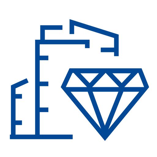 Icona stilizzata di un diamante con elementi digitali, su sfondo celeste chiaro; rappresenta il settore del lusso.