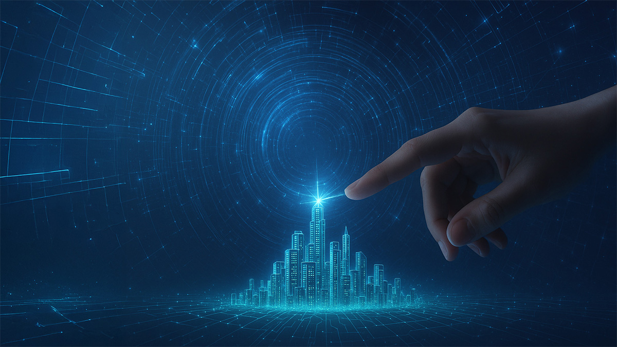 Two people sitting at a table, seen in profile, discussing and collaborating in front of a portable device (like a laptop or tablet). Work materials (notes, cups, documents) are visible on the table, and a bright and modern professional environment is perceived in the background.