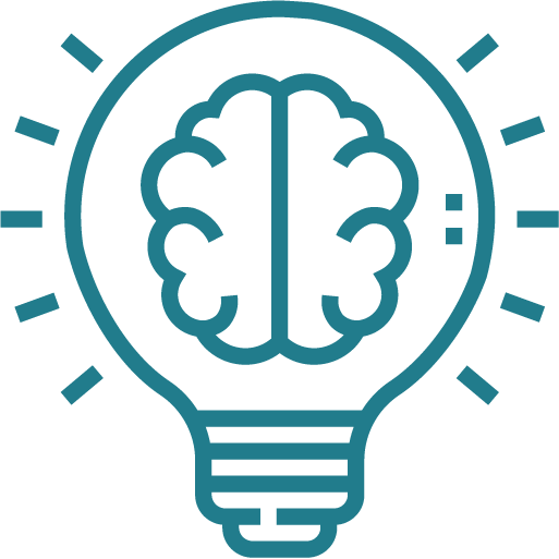 Stylized icon of a human figure at the center of a gear, with lines radiating outwards, on a light light blue background; represents the integration of individual skills into a technological and collaborative system.