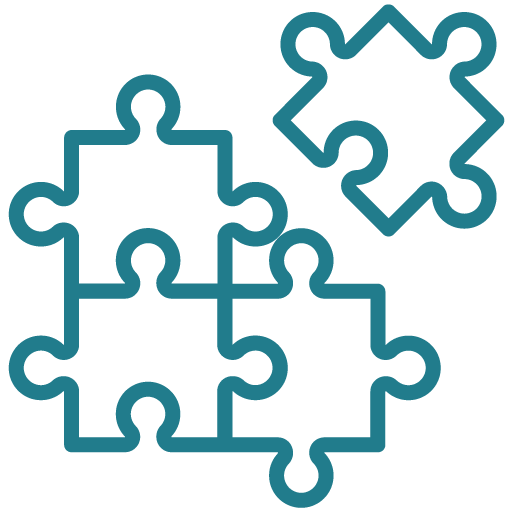 Stylized icon composed of six interconnected hexagons, arranged to form a hexagonal grid, with a light light blue background; represents a modular and flexible system.